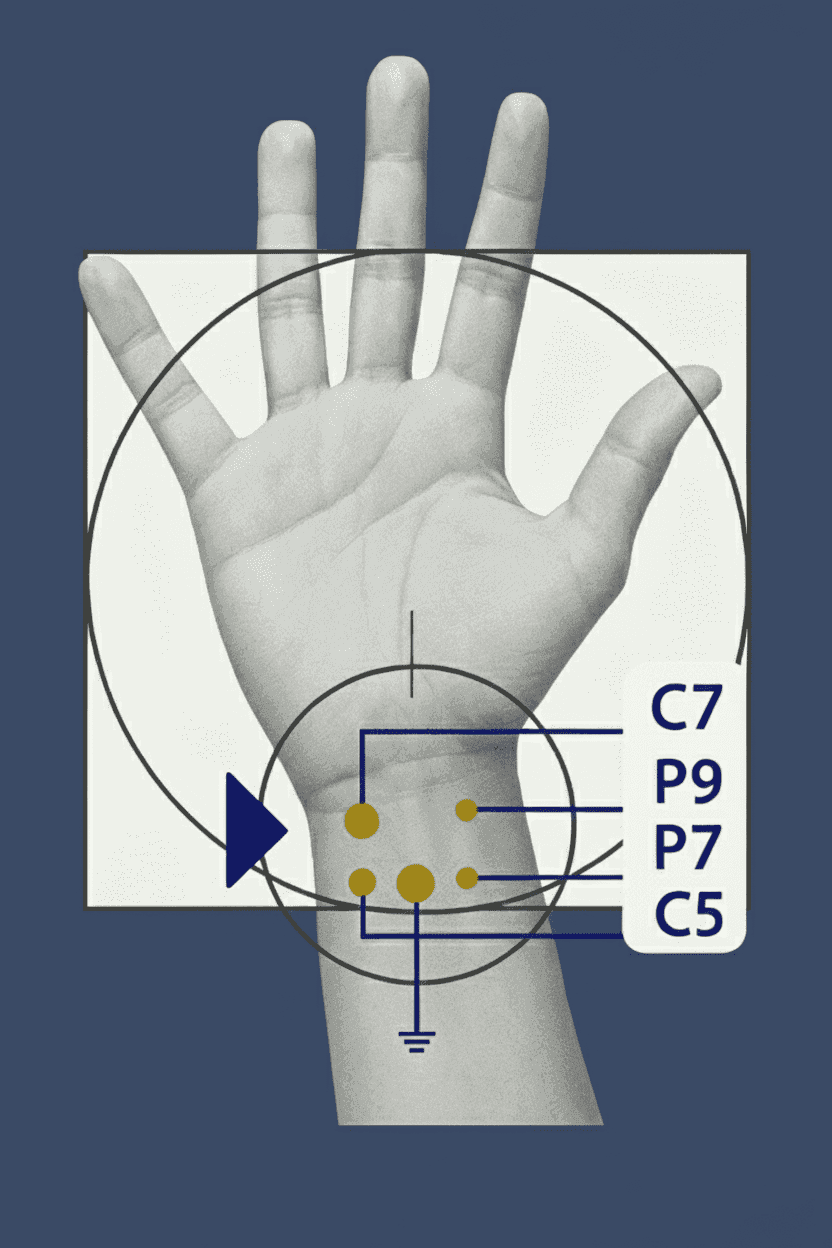 Schéma des points d’acupuncture de la face palmaire du poignet : C7, P9, P7 et C5.