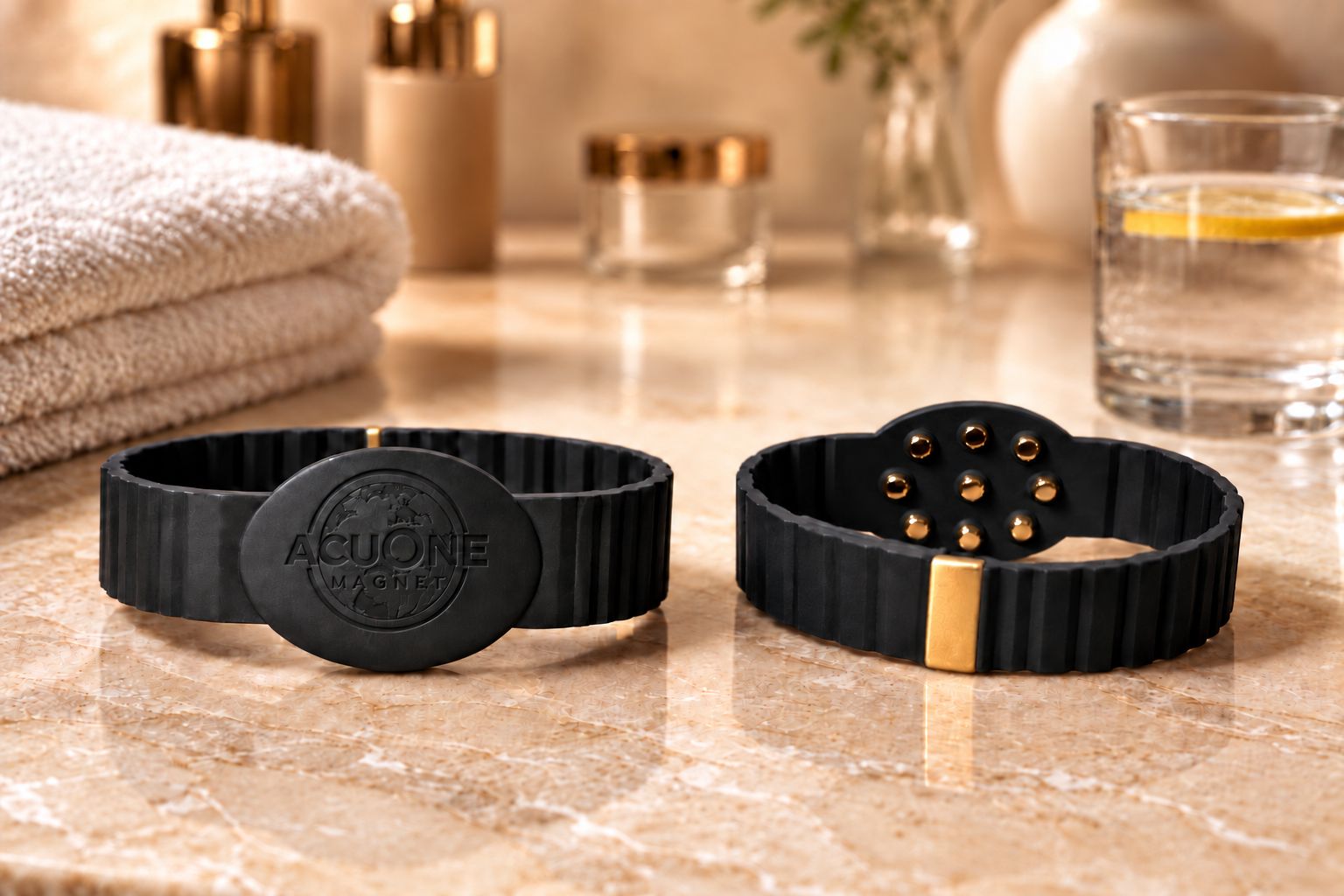 Bracelets AcuOne magnet sur marbre Deux bracelets AcuOne magnet présentés sur un support minéral dans un univers bien-être premium.